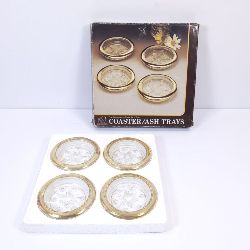 Sheridan Silver Coaster Ashtray Set Of 4 Fine Gold plated Crystal‎ Made In Italy